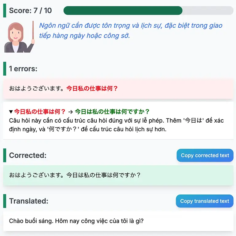 Sử dụng AI LangFix.com để sửa đoạn văn tiếng Nhật